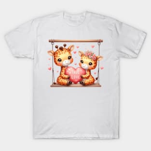 Valentine Giraffe Couple On Swing T-Shirt